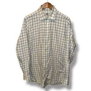 Oxxford Clothes White & Blue Check Flannel Button Down Shirt L